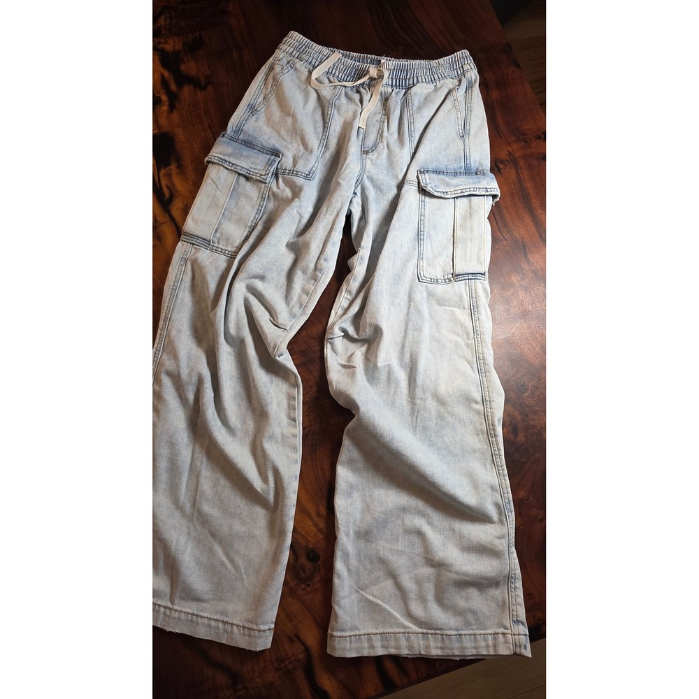 Aerie Light Wash Wide Leg Cargo Light Distres Utility Streetfashion Boho SZ M